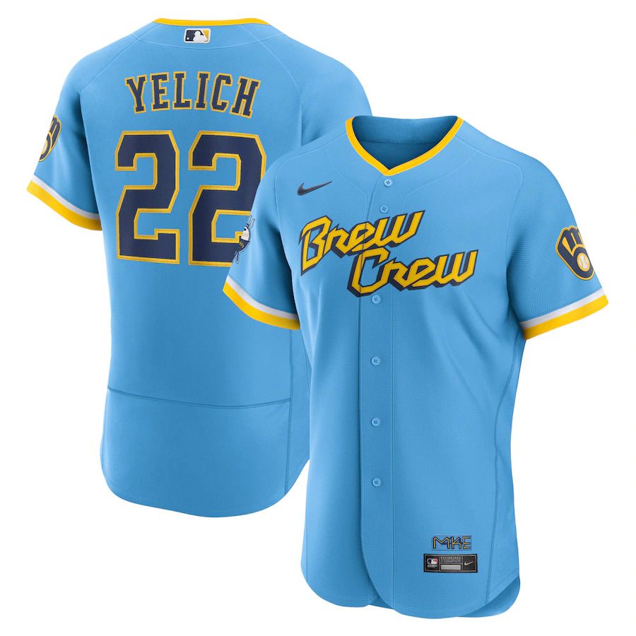 Custom Men Milwaukee Brewers 22 Christian Yelich Nike Powder Blue 2022 City Connect Authentic Player MLB Jersey